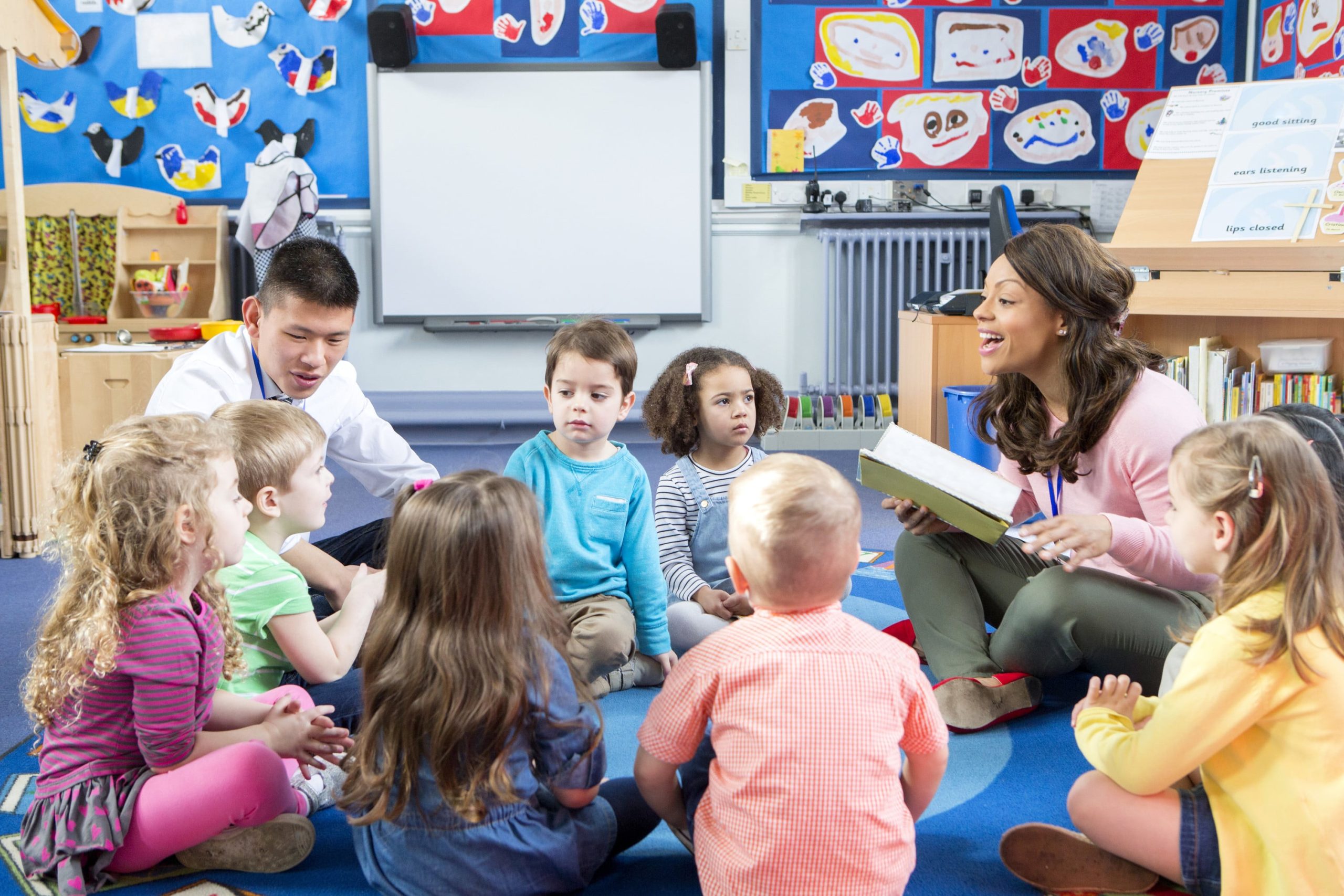 a group of people sitting in a room